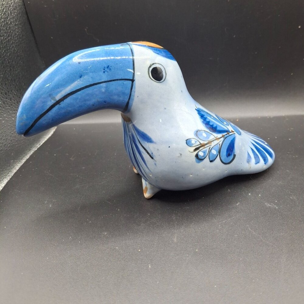 Ken Edwards Ceramic Toucan Figurine Hand-Painted Blue & White Floral Design